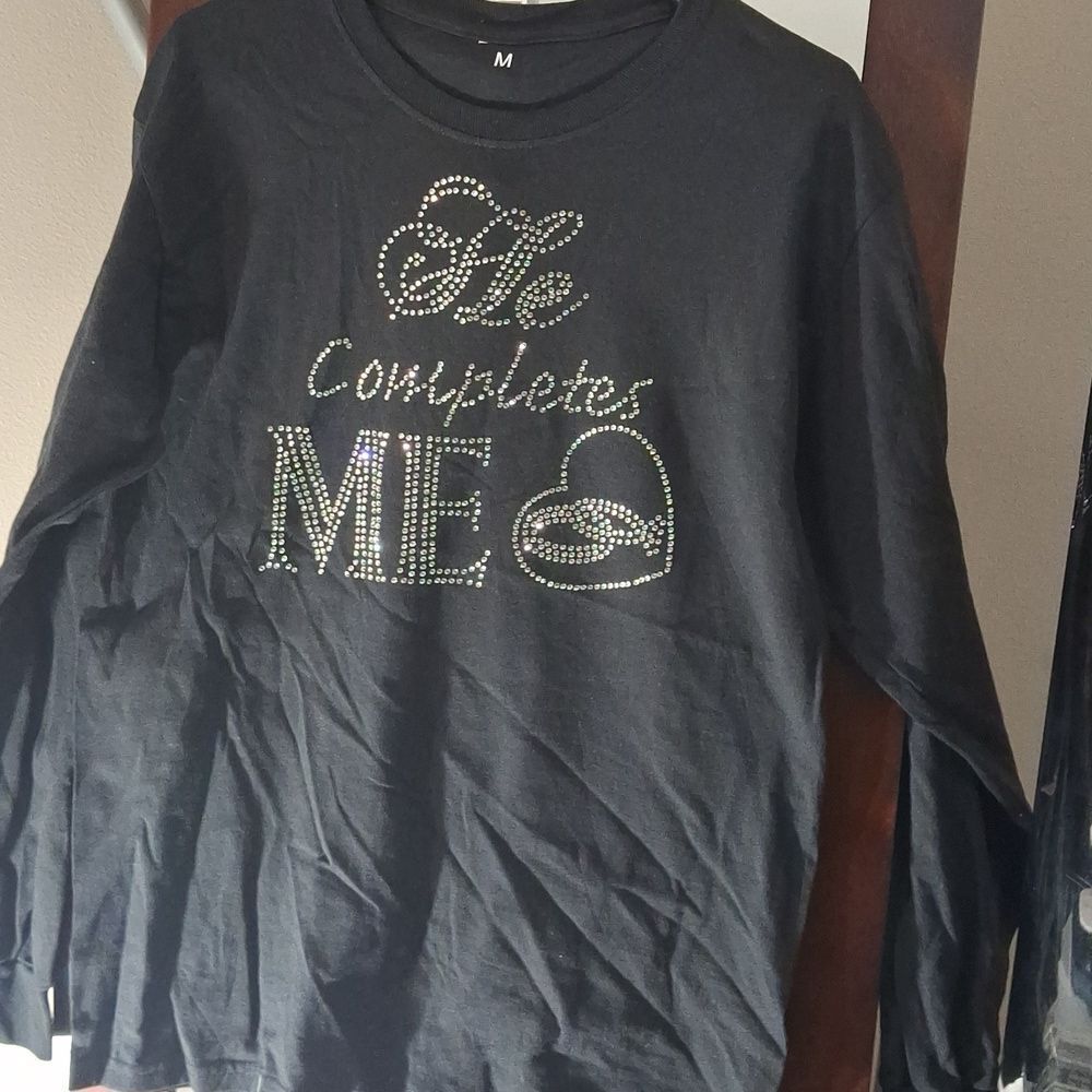 NNWT He Completes Me long sleeve Rhinestone Marriage Tee